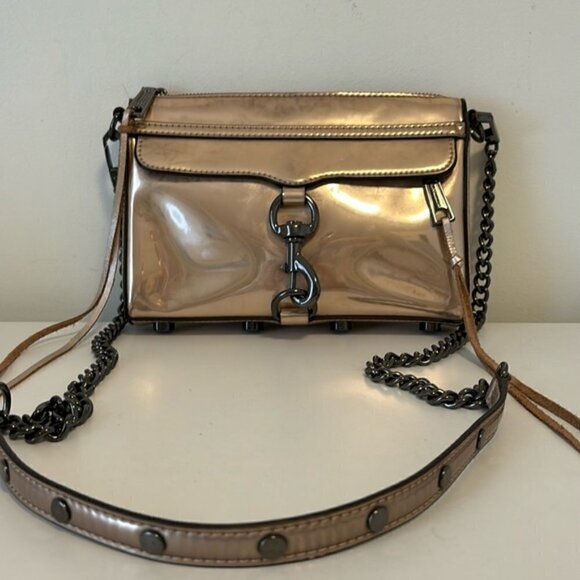 Rebecca Minkoff Mini MAC Rose Gold mirrored CrossBody Bag chain strap - Picture 1 of 13
